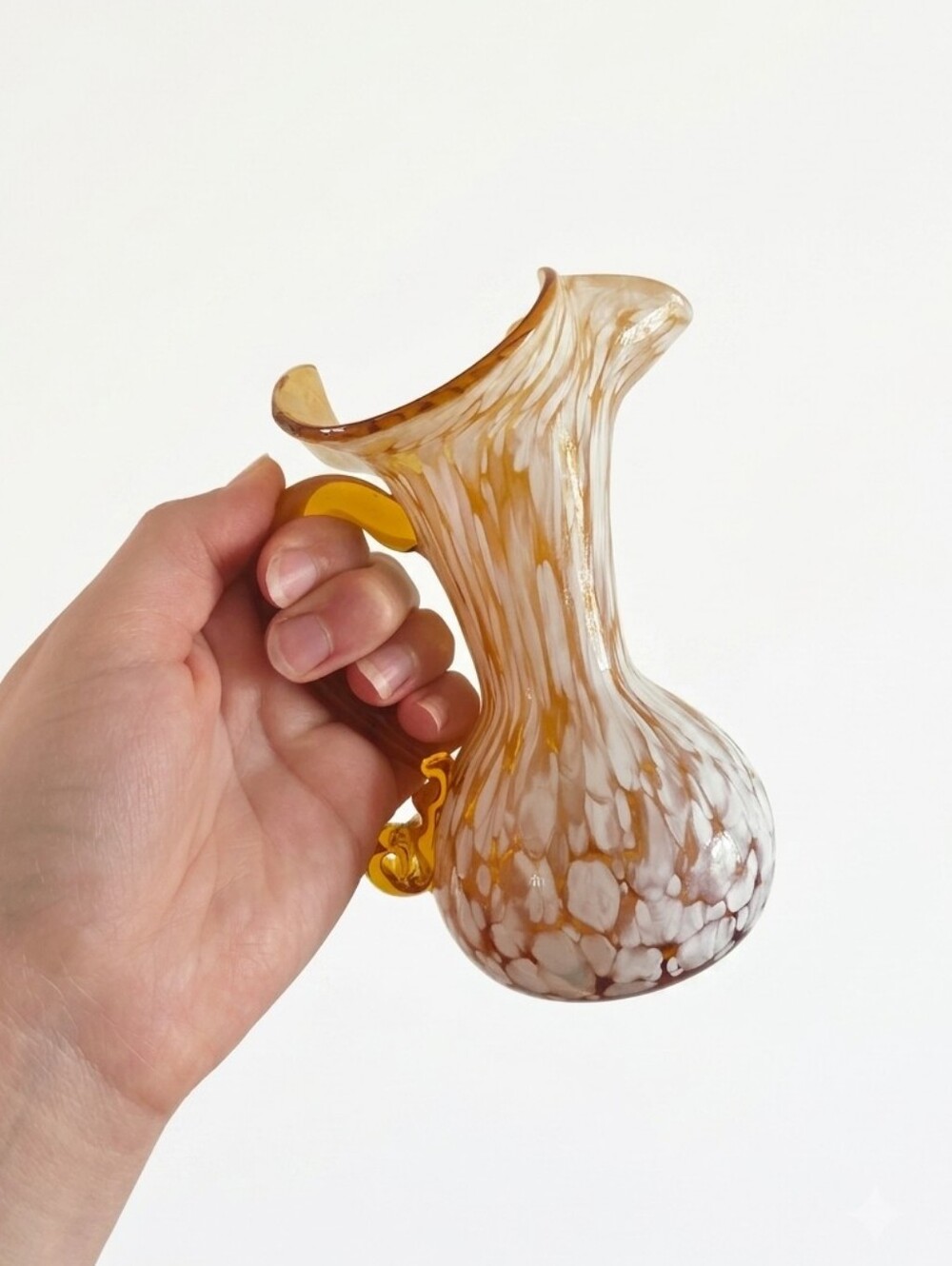 Vintage Amber and White Spatter Glass Pitcher, Hand Blown Art Glass Bud Vase